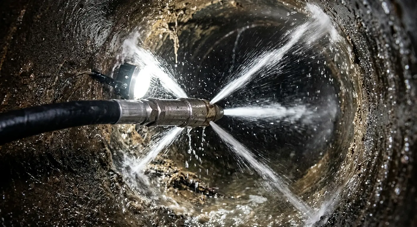 High-pressure hydro jetting nozzle cleaning sewer pipe for Trenchless Sewer Repair in Sun City Center