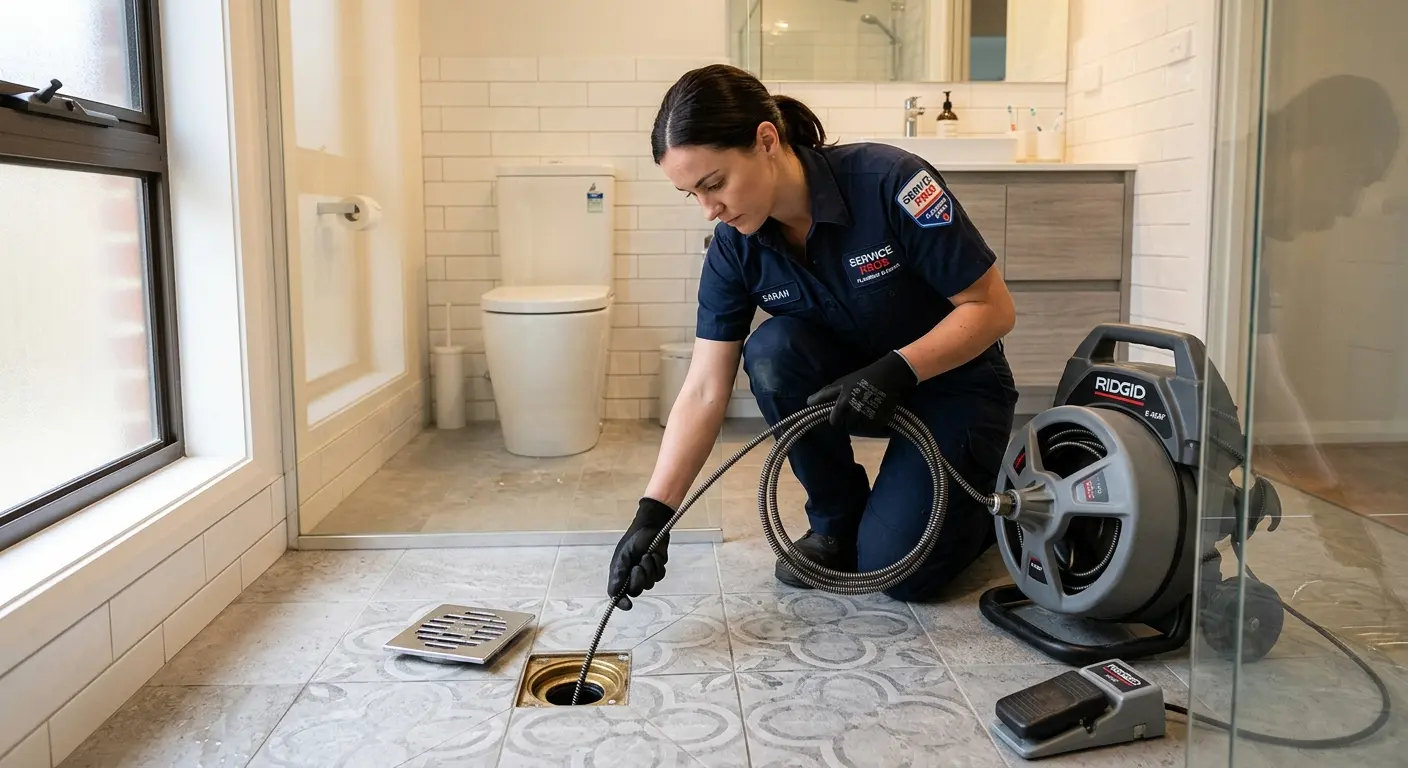 Technician clearing a bathroom floor drain for Sewer Line Installation in Sun City Center